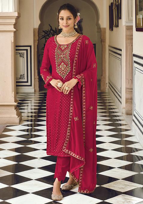 Red Embroidered Georgette Kurta Set