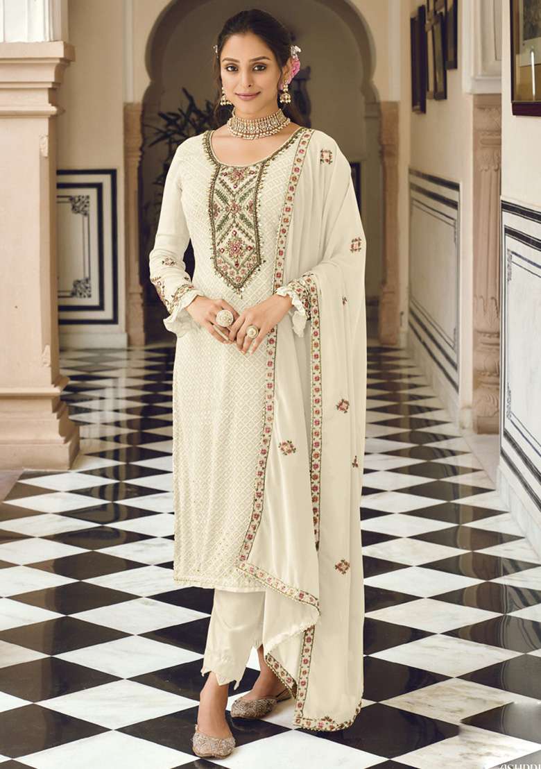 White Embroidered Georgette Kurta Set - Indya