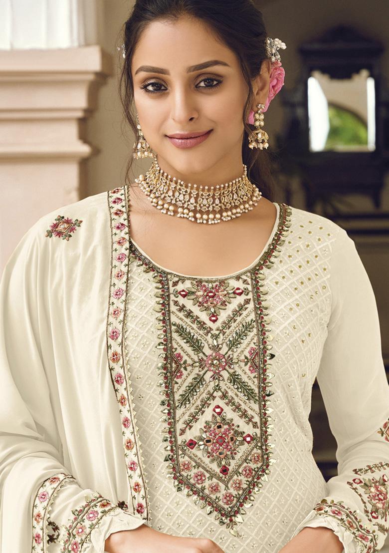 White Embroidered Georgette Kurta Set