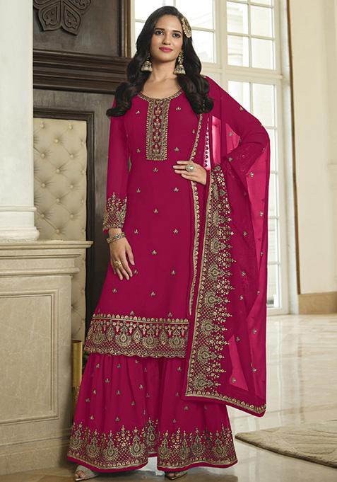 Pink Embroidered Georgette Kurta Set