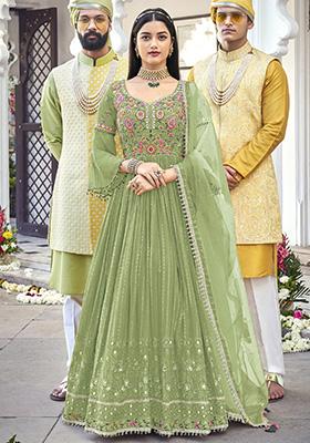 Light Green Embroidered Georgette Anarkali With Dupatta
