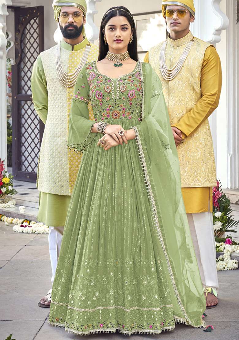 Light Green Embroidered Georgette Anarkali Set - Indya
