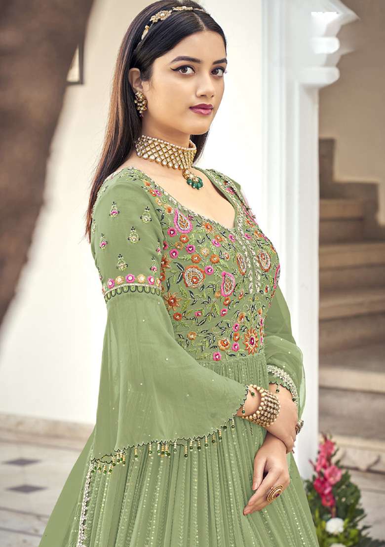 Light Green Embroidered Georgette Anarkali Set - Indya