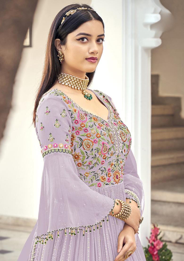 Lavender Embroidered Georgette Anarkali Set