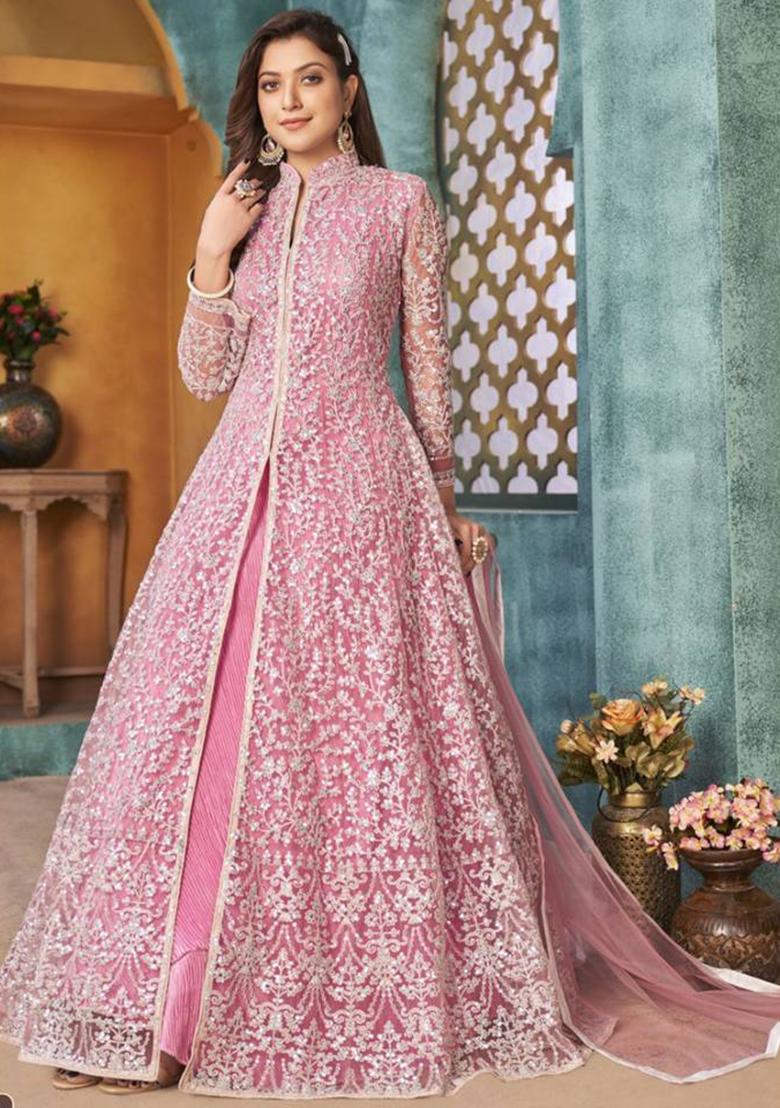 Pink Embroidered Net Anarkali Set
