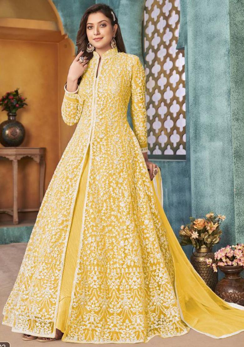 Yellow Embroidered Net Anarkali Set