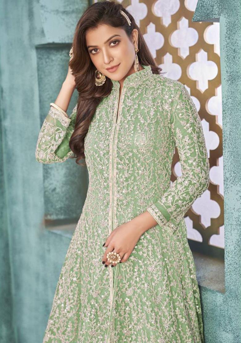 Sea Green Embroidered Net Anarkali Set