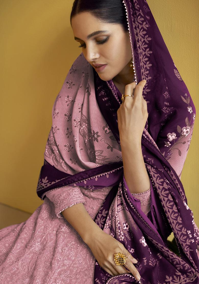 Pink Embroidered Georgette Anarkali Set