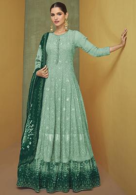 Turquoise Embroidered Georgette Anarkali Set