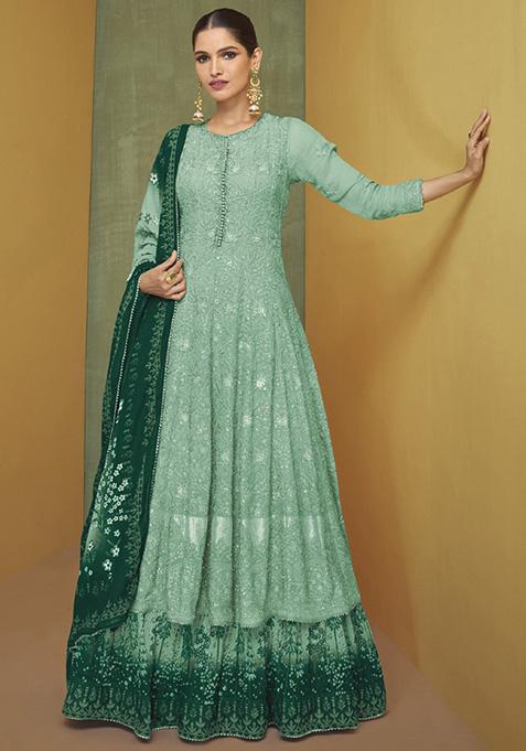 Turquoise Embroidered Georgette Anarkali Set