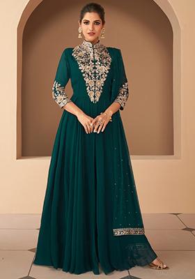 Teal Green Embroidered Georgette Anarkali Set
