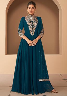 Teal Blue Embroidered Georgette Anarkali Set