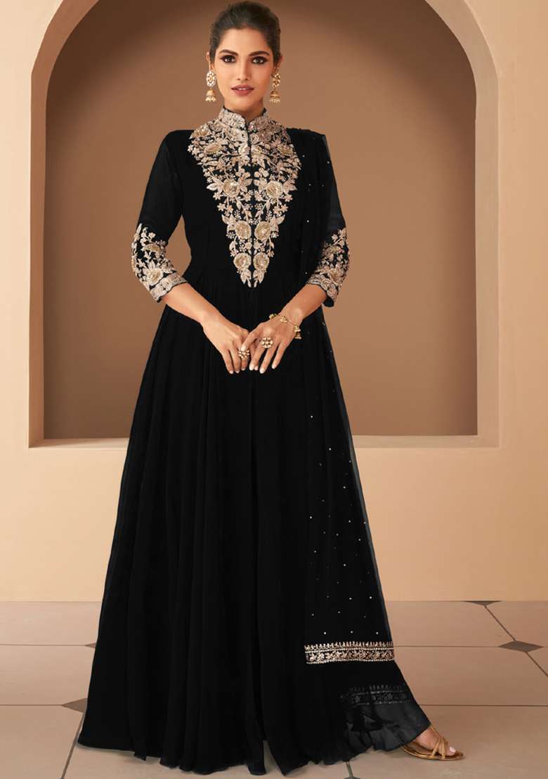 Black Embroidered Georgette Anarkali Set - Indya