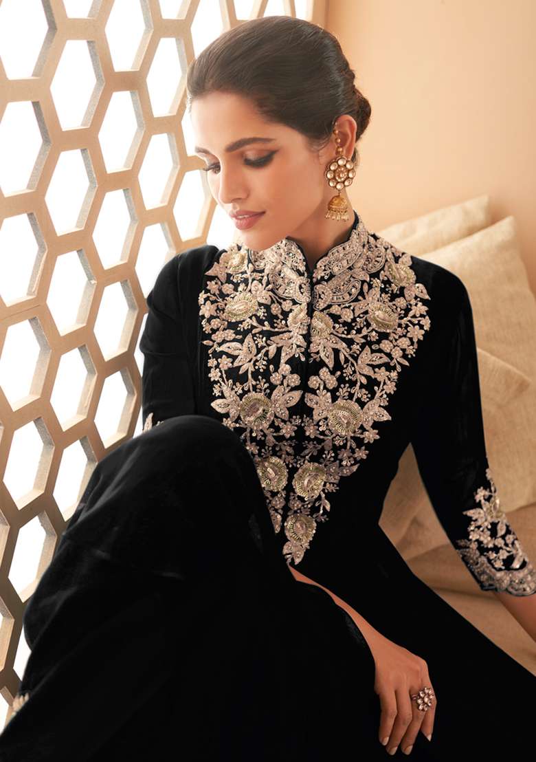 Black Embroidered Georgette Anarkali Set - Indya