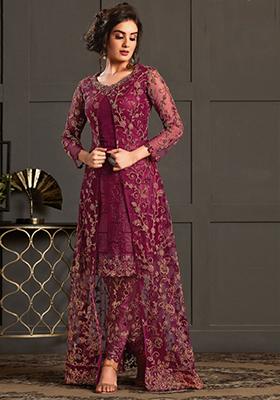Wine Embroidered Net Kurta Set