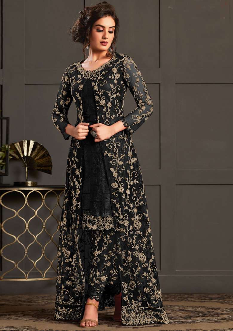 Black Embroidered Net Kurta Set - Indya