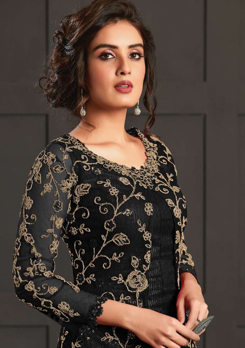 Black Embroidered Net Kurta Set - Indya