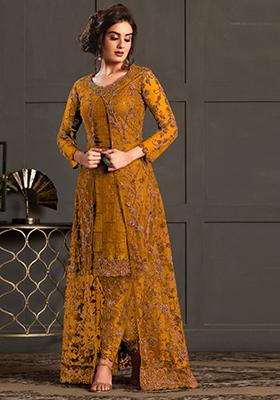 Mustard Embroidered Net Kurta Set