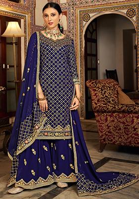 Blue Embroidered Chinon Kurta Set