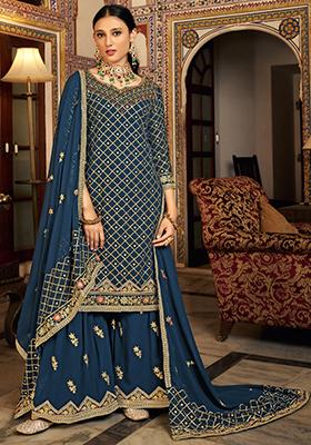 Aqua Blue Embroidered Chinon Kurta Set