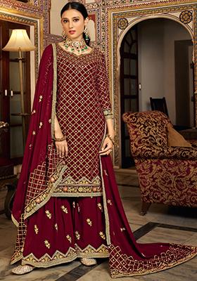Maroon Embroidered Chinon Kurta Set