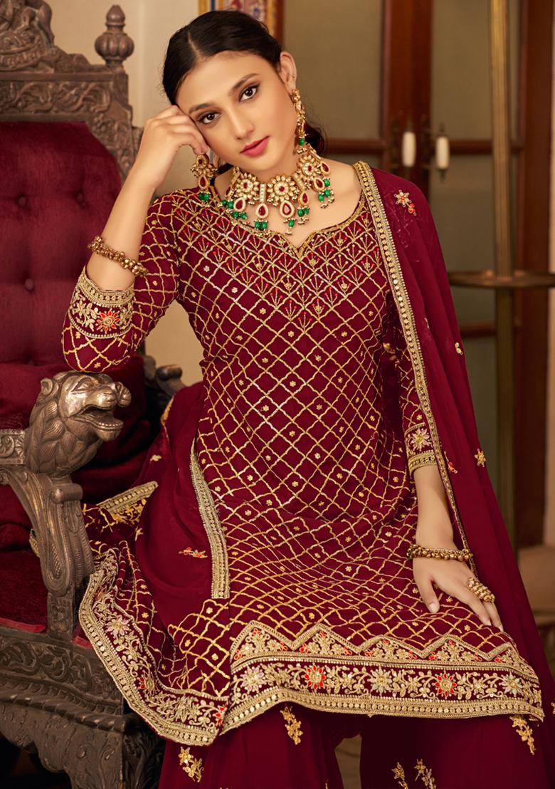 Maroon Embroidered Chinon Kurta Set