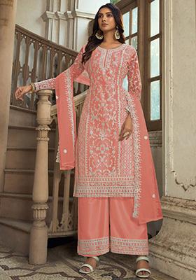 Light Orange Embroidered Net Kurta Set