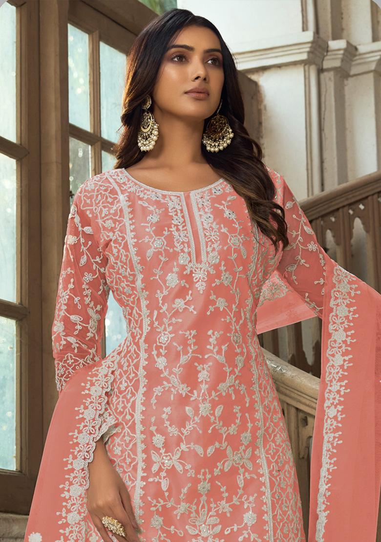 Light Orange Embroidered Net Kurta Set