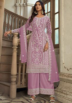 Lavender Embroidered Net Kurta Set