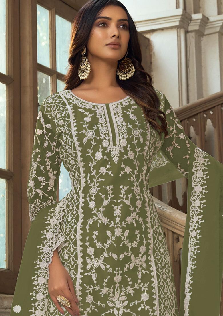 Olive Embroidered Net Kurta Set