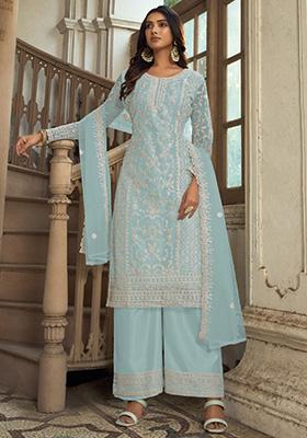 Sky Blue Embroidered Net Kurta Set