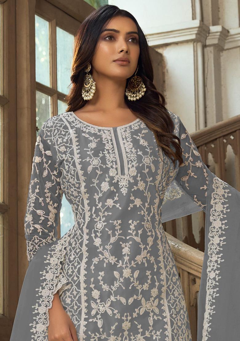 Grey Embroidered Net Kurta Set