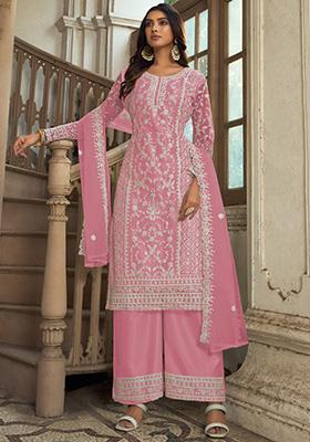 Pink Embroidered Net Kurta Set