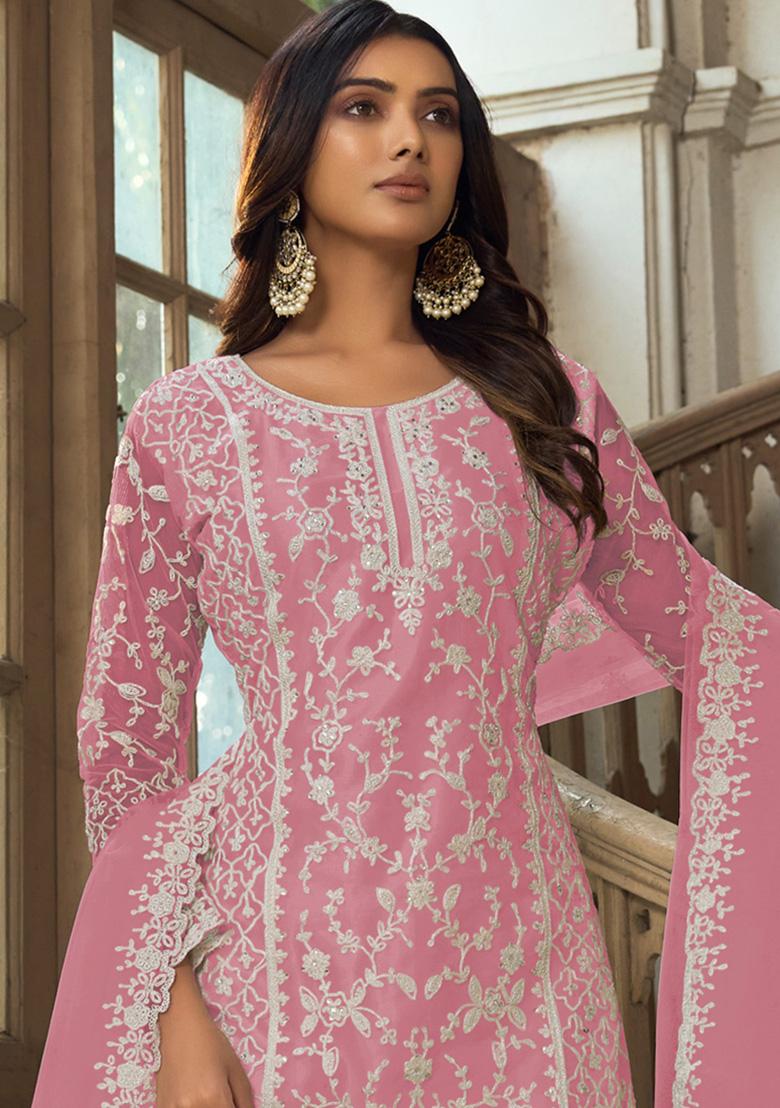 Pink Embroidered Net Kurta Set