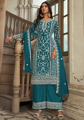 Teal Embroidered Net Kurta Set