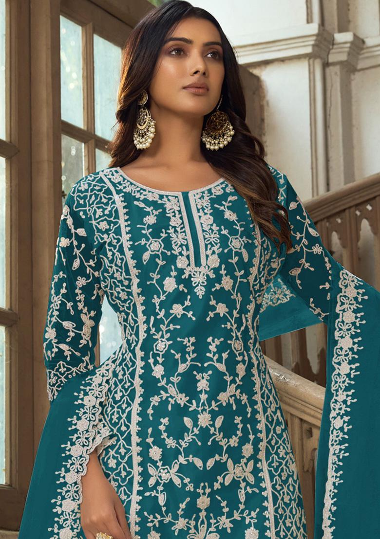 Teal Embroidered Net Kurta Set