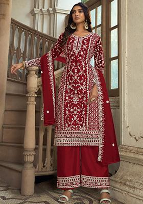 Maroon Embroidered Net Kurta Set