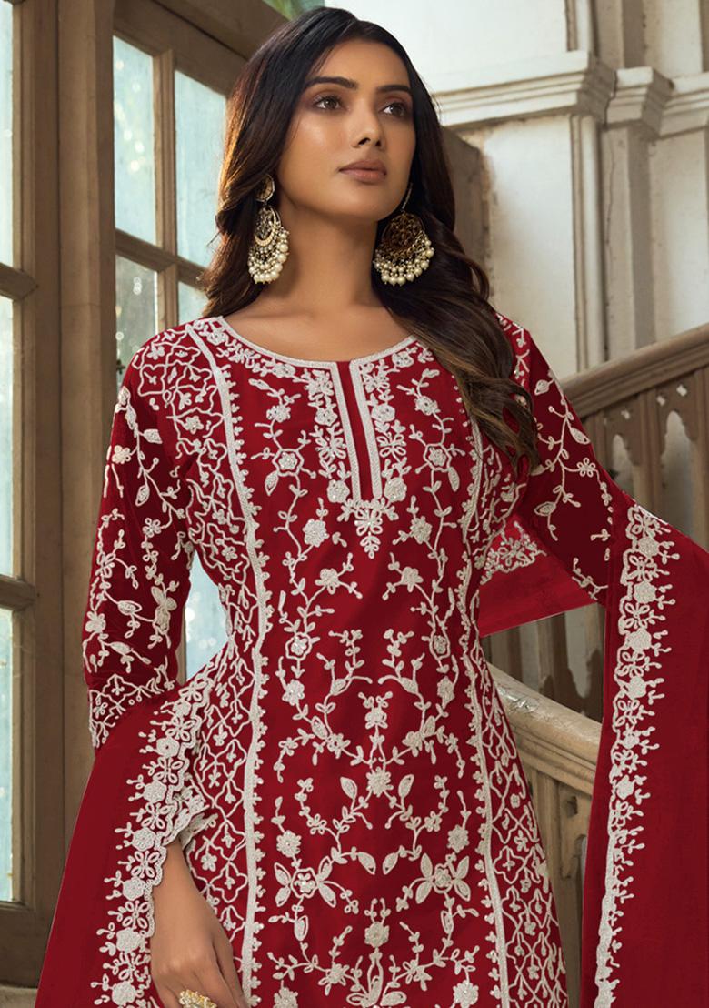 Maroon Embroidered Net Kurta Set