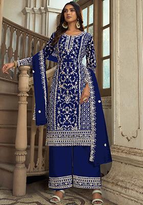 Blue Embroidered Net Kurta Set