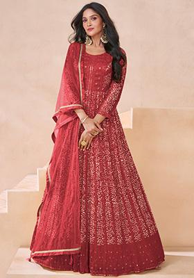 Red Embroidered Georgette Anarkali Set