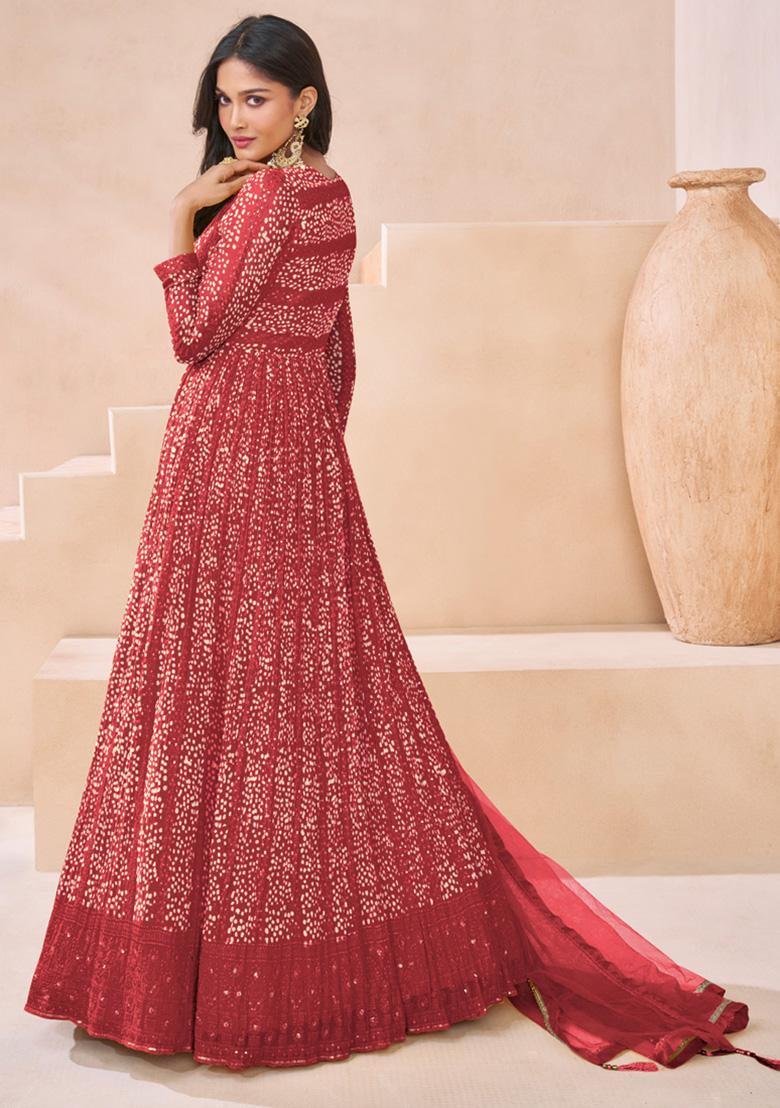 Red Embroidered Georgette Anarkali Set