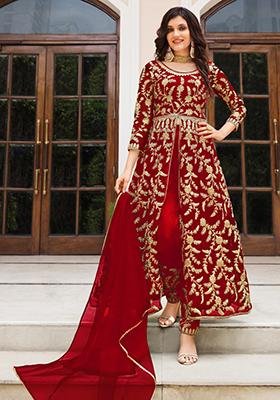 Red Embroidered Net Anarkali Set