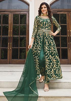 Green Embroidered Net Anarkali Set