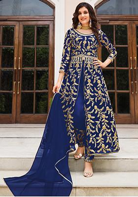 Blue Embroidered Net Anarkali Set