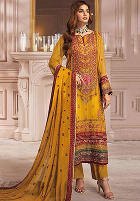 Mustard Embroidered Faux Georgette Kurta Set