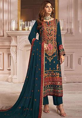 Dark Teal Embroidered Faux Georgette Kurta Set