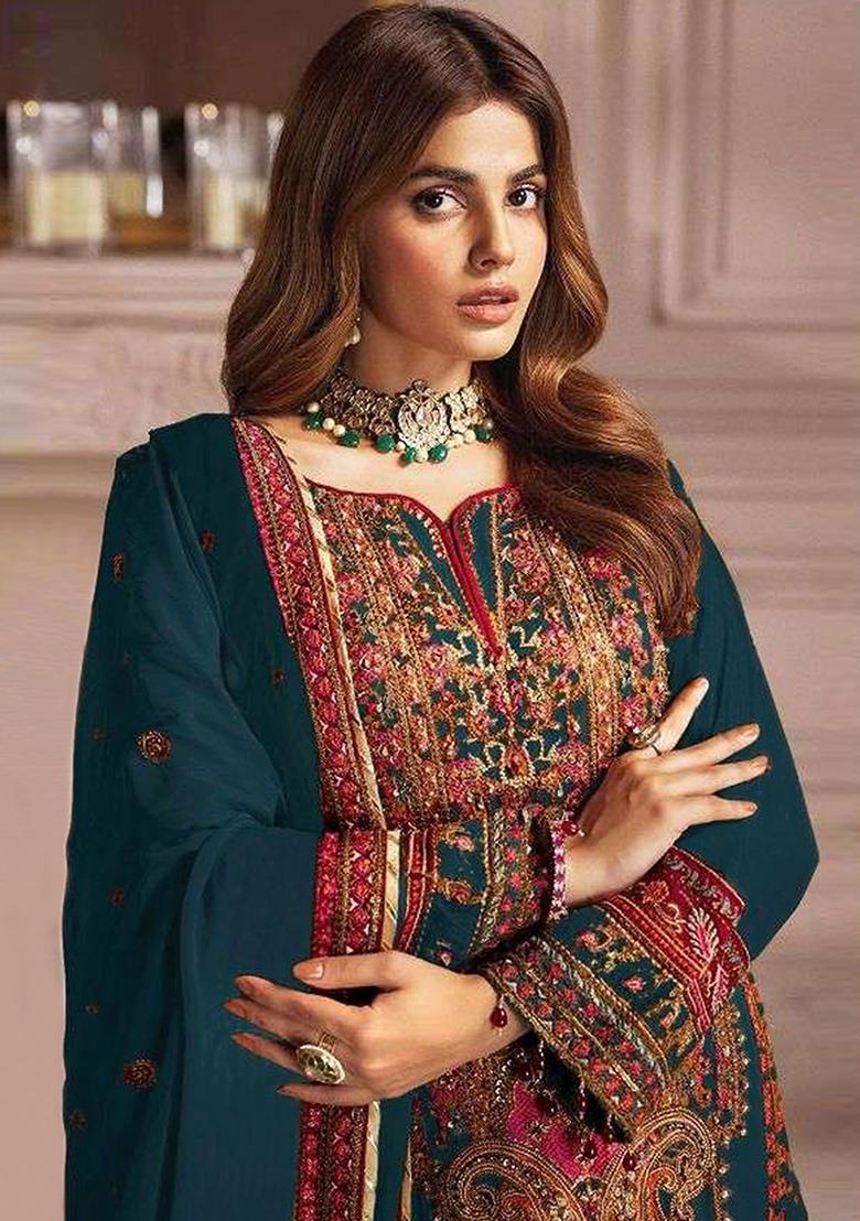 Dark Teal Embroidered Faux Georgette Kurta Set