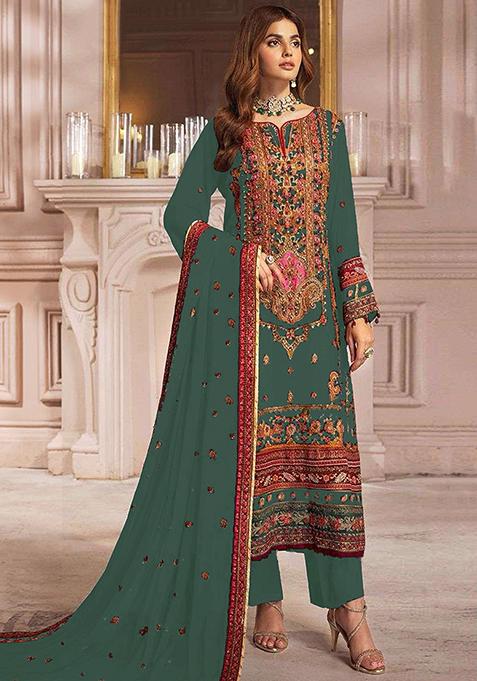 Dark Green Embroidered Faux Georgette Kurta Set