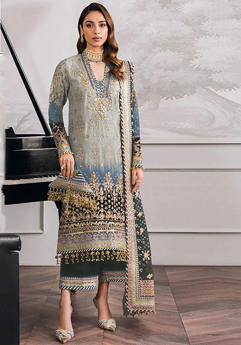 Grey Embroidered Faux Georgette Kurta Set