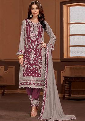 Burgundy Embroidered Silk Kurta Set